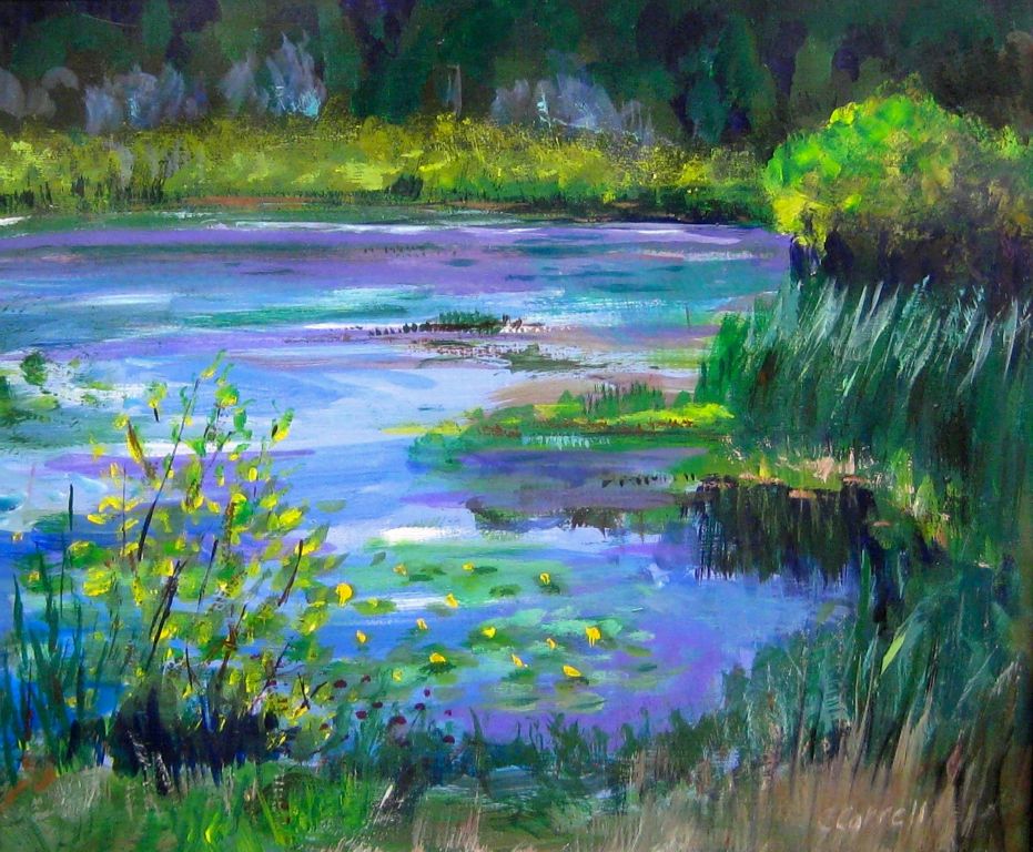 Mill Pond, acrylic on board, 15" x 18"W